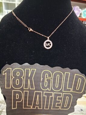 Michael Kors Rose Gold Circle MK Pendant Necklace with Pavé Accent